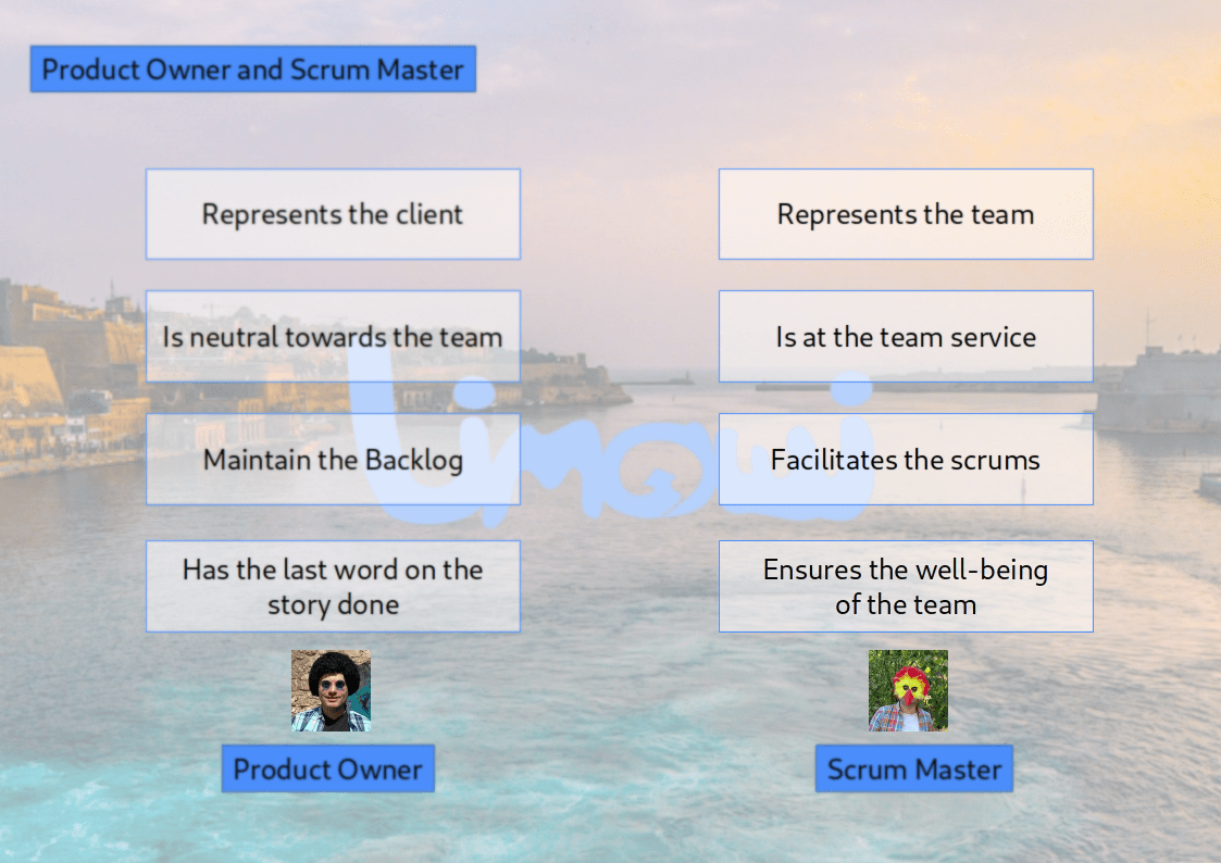 There are two important roles in the Agile method: the Product Owner and the Scrum Master